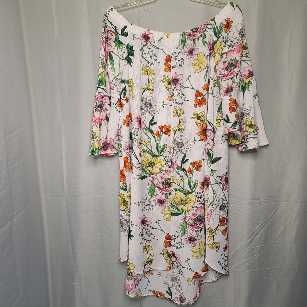 Love J Floral Shift Dress Womens 2X White Bell Sleeve Off Shoulder Cottagecore